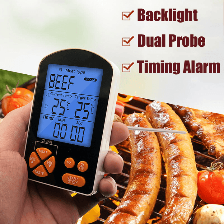 Outdoor BBQ Cooking Digital LCD Remote Thermometer with Built-In Timer Alarm AAA Battery - MRSLM