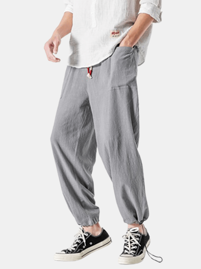 Cotton Mens Solid Color Pocket Elastic Waist Drawstring Casual Pants - MRSLM