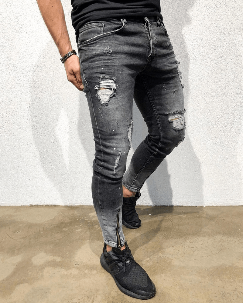 European and American New Fashion Ripped Youth Jeans with Zipper Elastic Feet - MRSLM