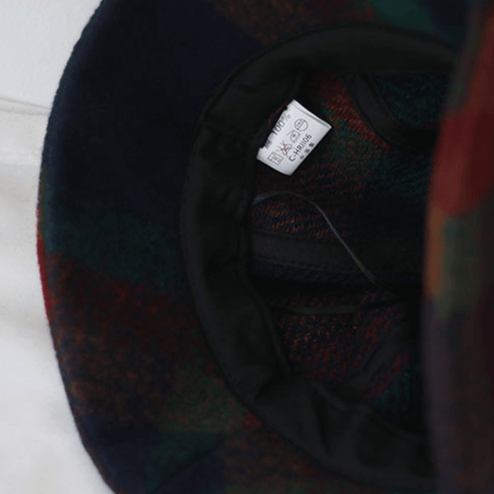 Women Cotton Patchwock Plaids Pattern Vintage Casual Warm Bucket Hat - MRSLM