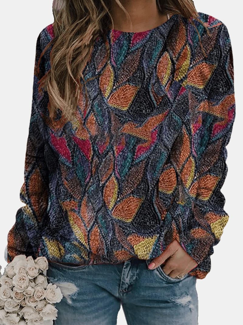Women Vintage Colorful Leaves Printed round Neck Long Sleeve Casual Sweatshirt - MRSLM
