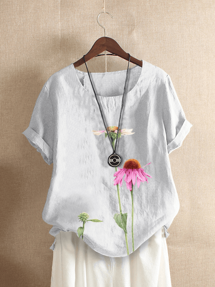 Flower Print O-Neck Short Sleeve Casual T-Shirt for Women - MRSLM