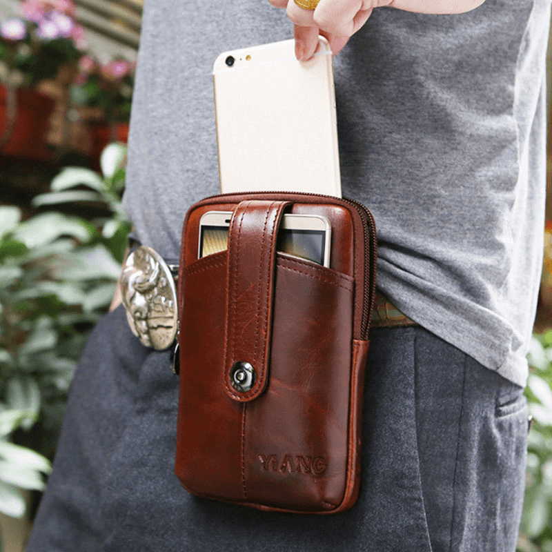 Men Genuine Leather Retro Multifunction 6 Inch Phone Bag Crossbody Bag Waist Bag - MRSLM