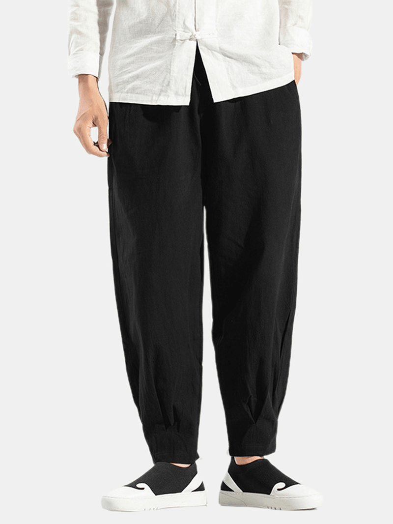 Mens 100% Cotton Oriental Elastic Waist Solid Color Harem Pants with Pocket - MRSLM