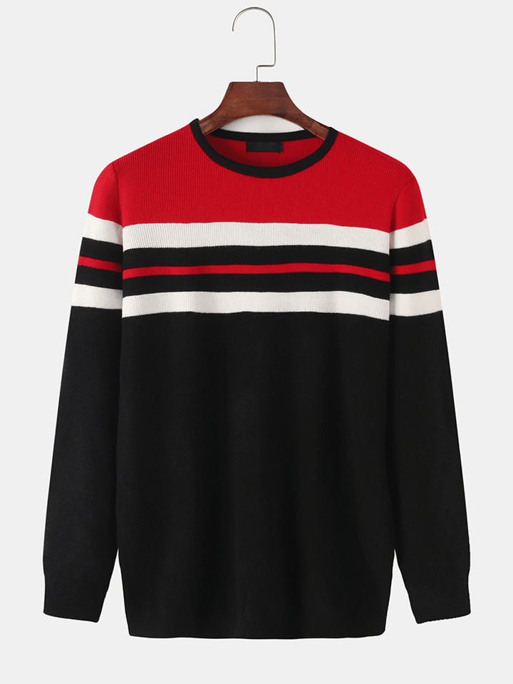 Mens Horizontal Stripe Knit round Neck Casual Long Sleeve Pullover Sweaters - MRSLM