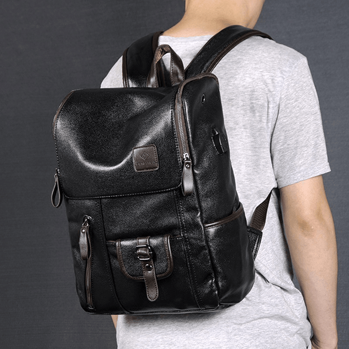 Men PU Leather Solid Vintage Large Capacity Backpack USB Charging Shoulder Bag - MRSLM