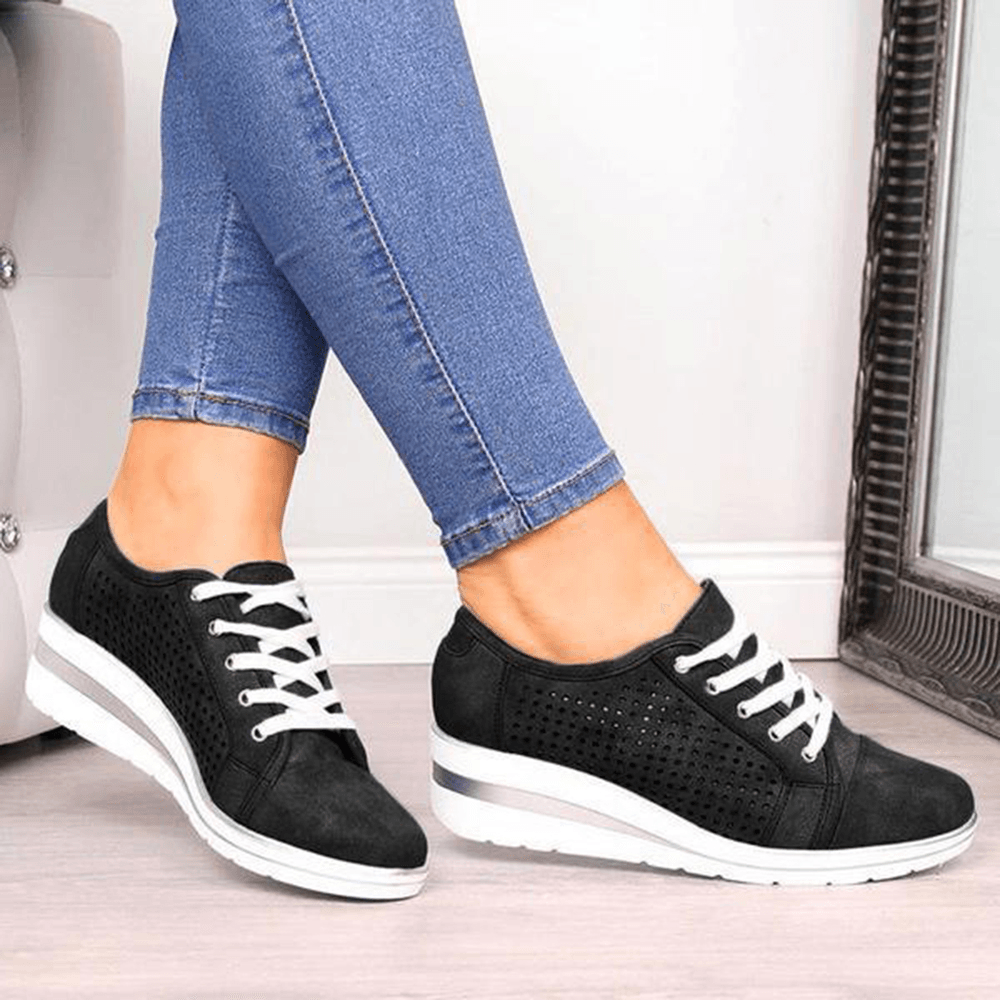Large Size Women Casual Solid Color round Toe Lace up Wedges Loafers - MRSLM