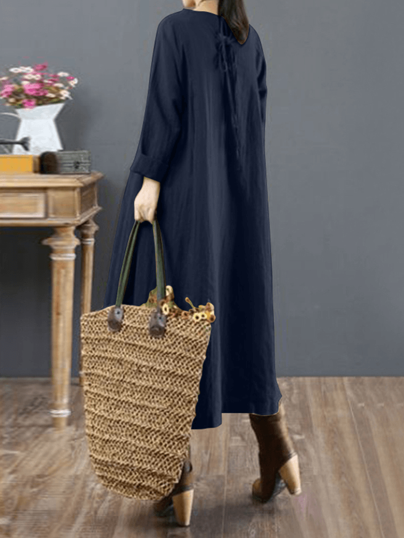 Women Cotton Solid Tie Back round Neck Long Sleeve Casual Midi Dresses - MRSLM