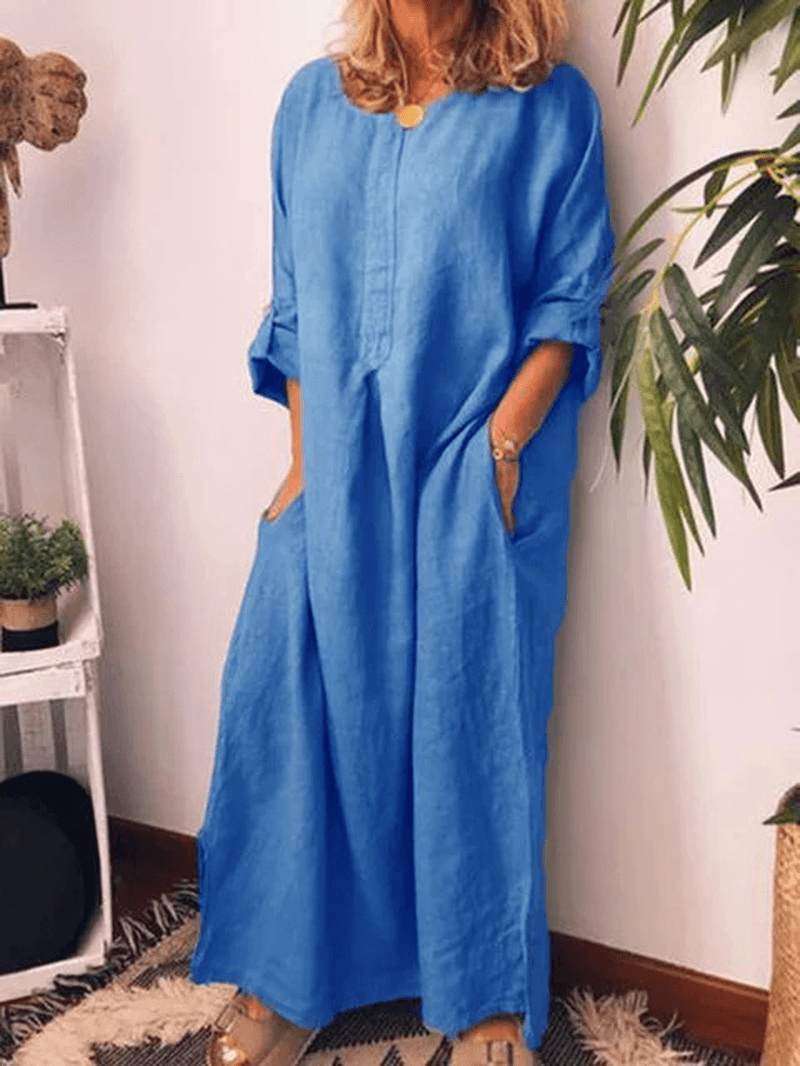 Women Solid Color Adjustable Sleeve Split Hem Dress - MRSLM