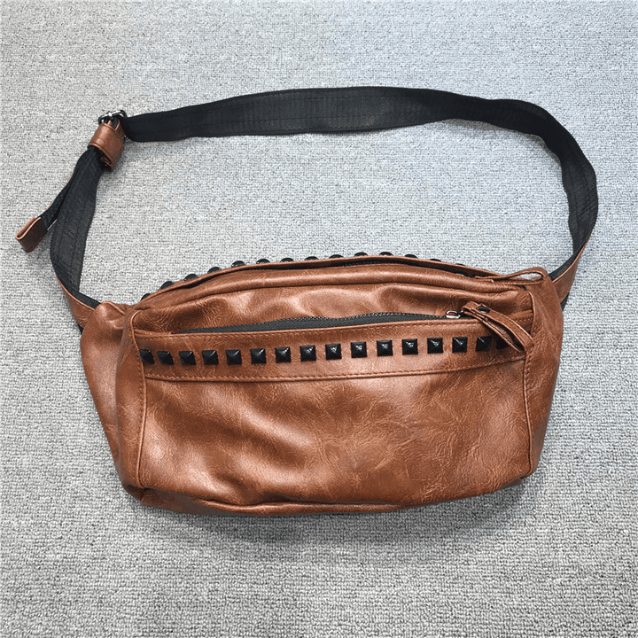 Men PU Leather Large Capacity Chest Bag Retro Waterproof Rivets Decorate Crossbody Shoulder Bag - MRSLM