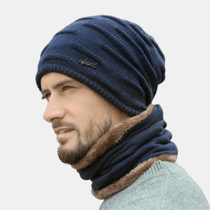 Men 2PCS plus Velvet Thick Winter Outdoor Keep Warm Neck Protection Headgear Scarf Wool Hat Beanie - MRSLM