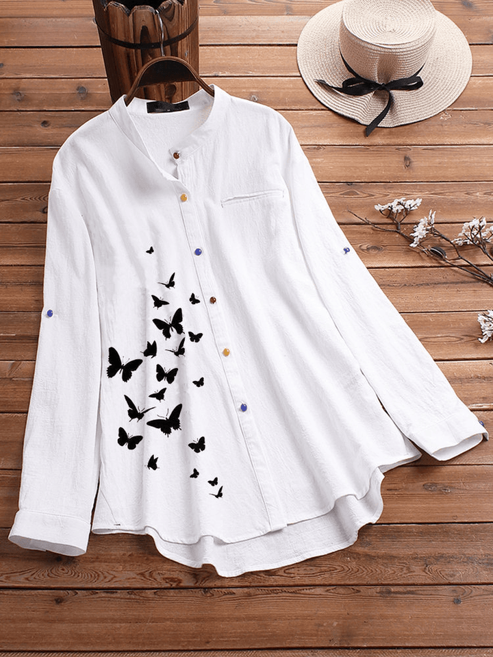 Butterfly Print Button Causal Shirts Blouse - MRSLM