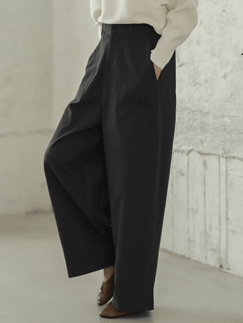 Women Casual Basic Solid Color Loose Wide Leg Pants with Pocket - MRSLM