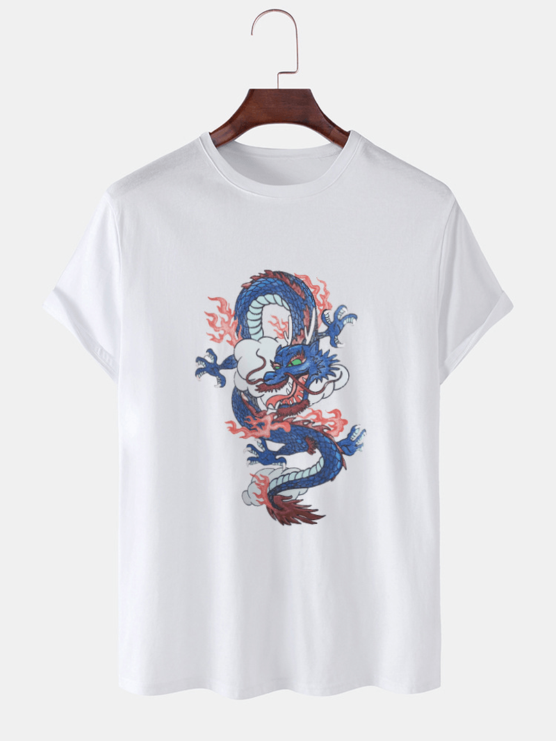 Mens Dragon Print round Neck Orental Short Sleeve T-Shirts - MRSLM