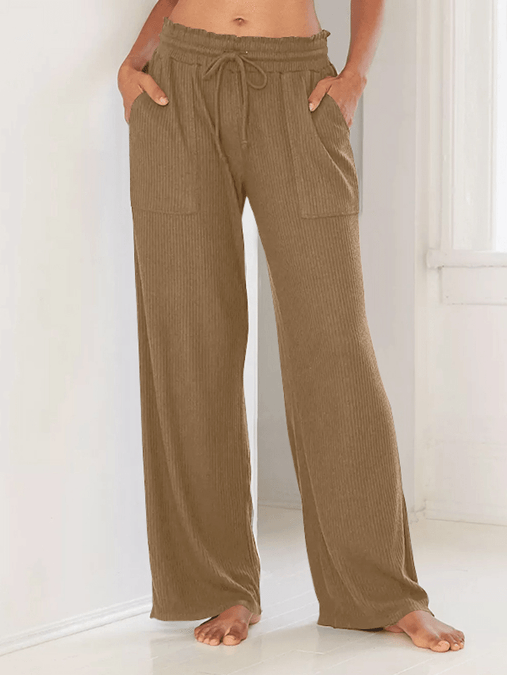 Women Daily Casual Elastic Waist Pocket Loose Wide Leg Pants - MRSLM