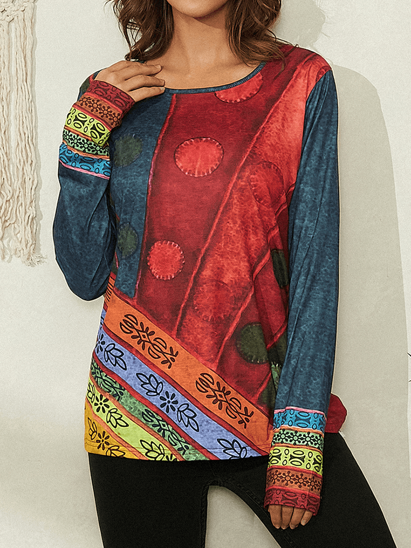 Women Ethnic Pattern Print round Neck Casual Long Sleeve Blouses - MRSLM