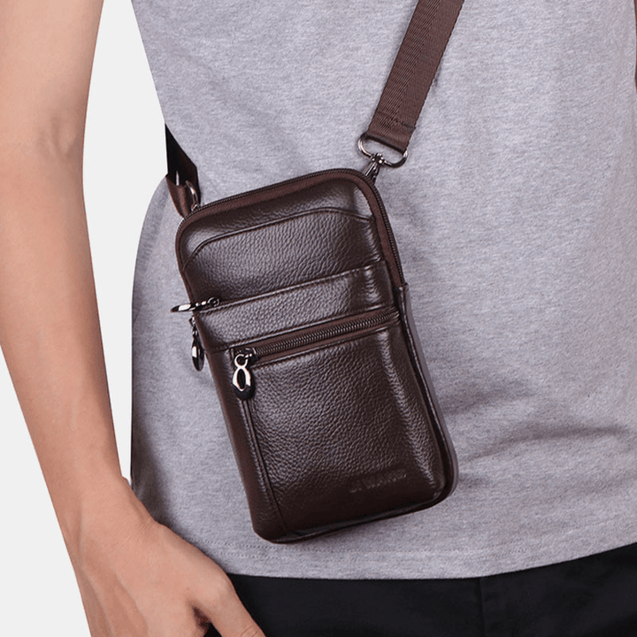 Men Genuine Leather Waist Bag Belt Bag 7 Inch Phone Bag Business Bag Shoulder Bag - MRSLM