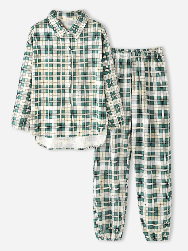 Women Plaid Print Lapel High-Low Hem Shirt Elastic Waist Pants Home Pajama Set - MRSLM
