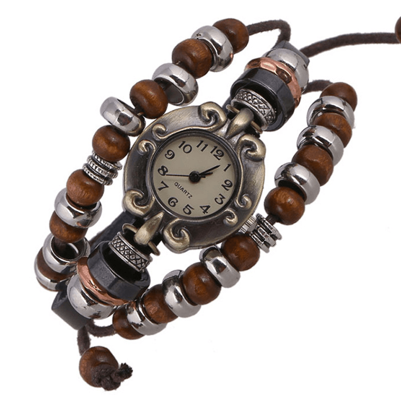 PANGKE Vintage Multilayer Quartz Watch Adjustable Leather Band Beaded Bracelet Watch - MRSLM