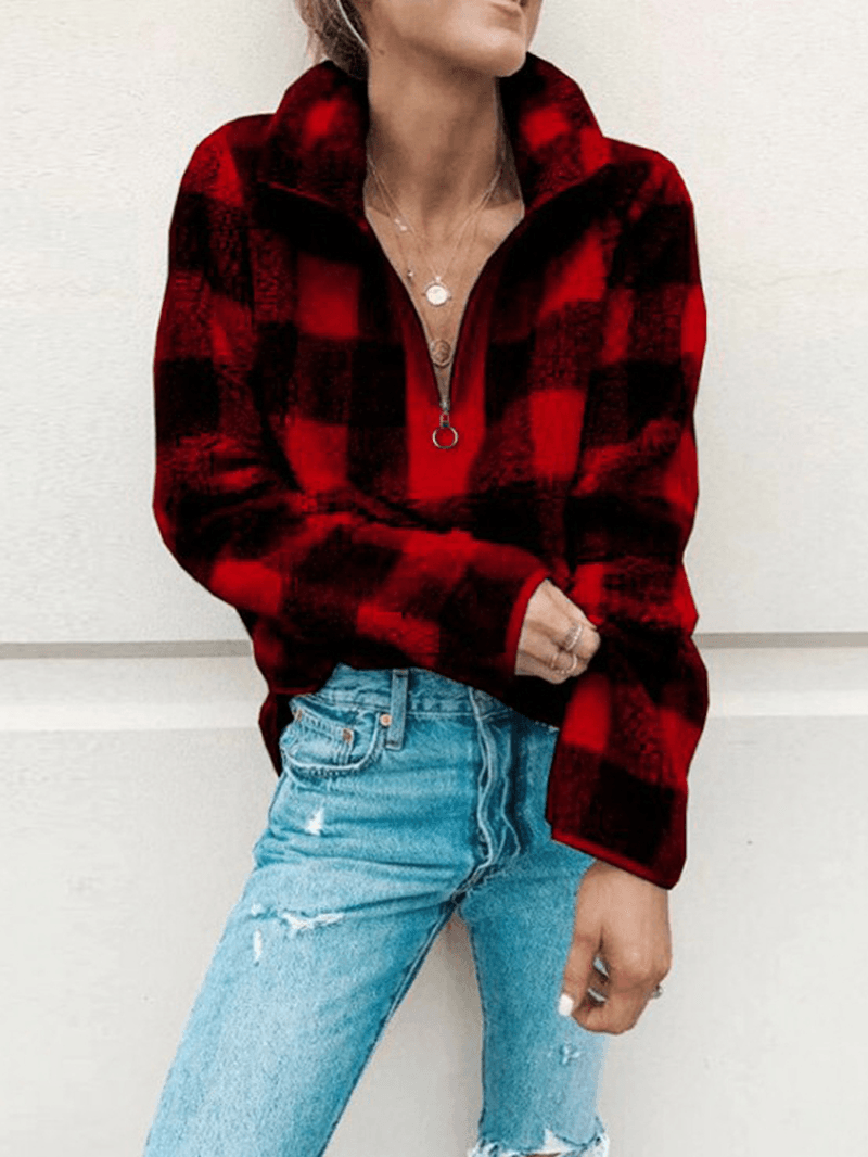 Women Fleece Plaid V-Neck Half Zip Casual Long Sleeve Sweatshirts - MRSLM
