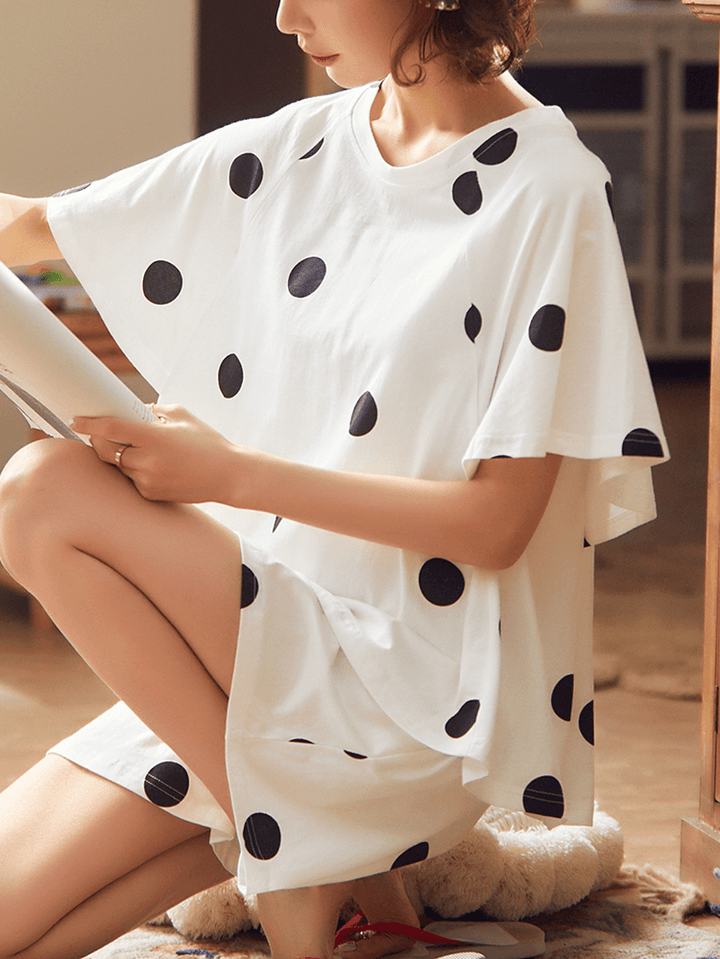 Women Polka Dot Print round Neck Short Sleeve Shorts Casual Pajama Sets - MRSLM
