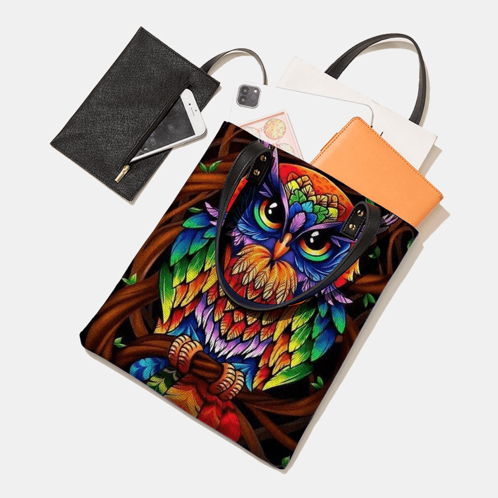 Color Owl Print Pattern Leather Tote Bag Sticker Shoulder Bag Handbag Tote with Built-In Small Bag - MRSLM