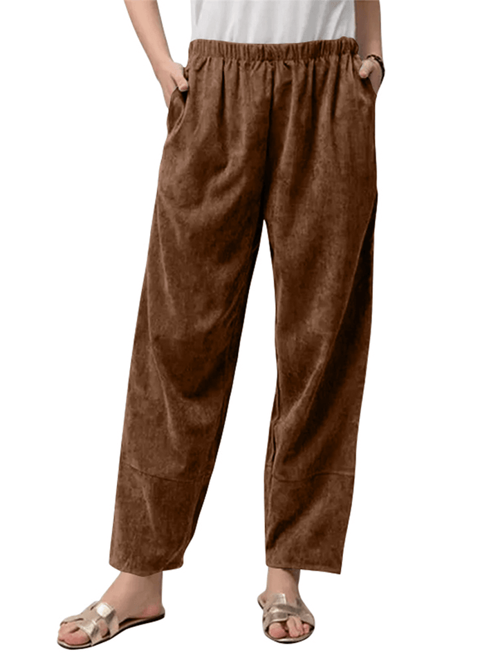 Women Corduroy Solid Color Elastic Waist Harem Pants with Pocket - MRSLM