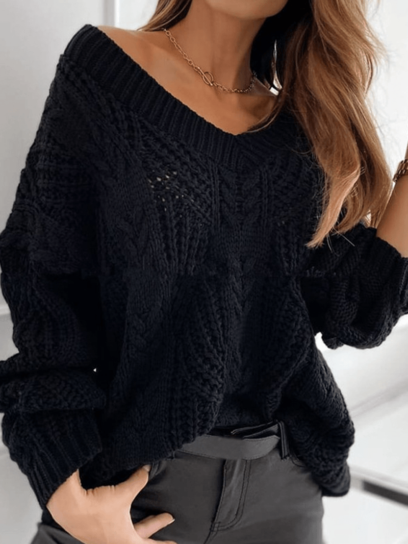 Women V-Neck Solid Color Knitting Hollow Out Casual Sweaters - MRSLM