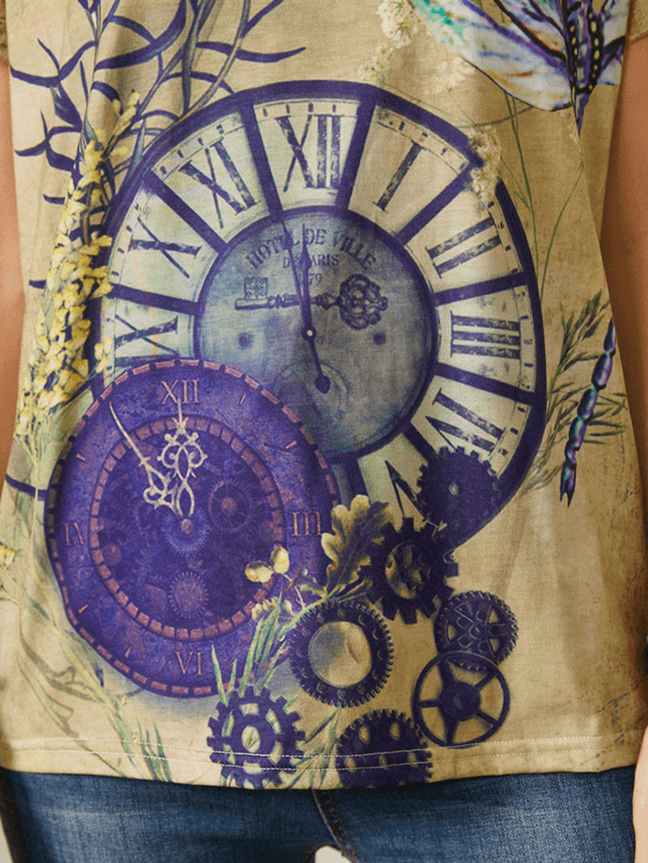 Clock Dragonfly Print Short Sleeve O-Neck Casual Vintage T-Shirt for Women - MRSLM