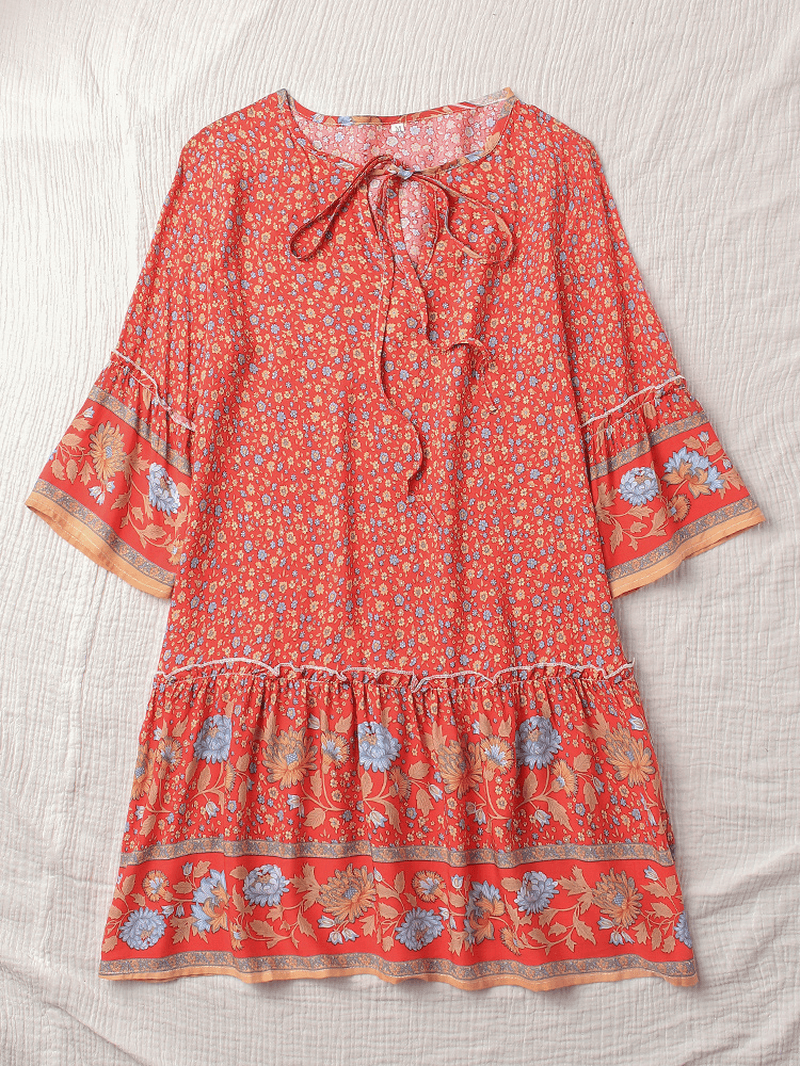 Bohemian Floral Print V Neck Summer Beach Mini Dress - MRSLM