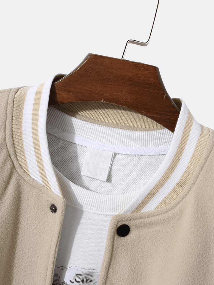 Men Flower Embroidery Striped Side Pocket Long Sleeve Jackets - MRSLM