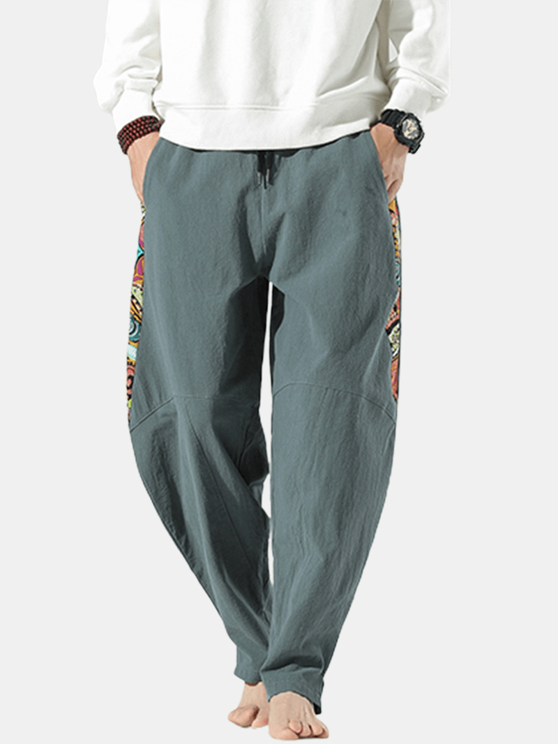 Mens National Style Print Linen Drawstring Elastic Waist Harem Pants with Pocket - MRSLM