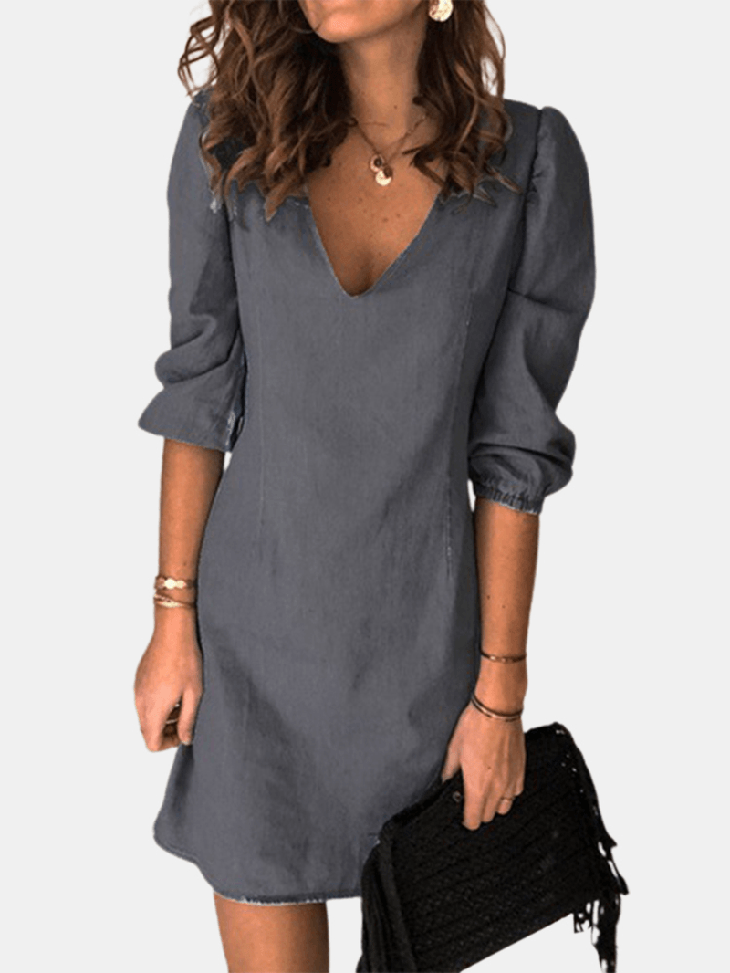 V-Neck Denim Mini Shirt Dress with 3/4 Sleeves for Women - Casual and Chic - MRSLM