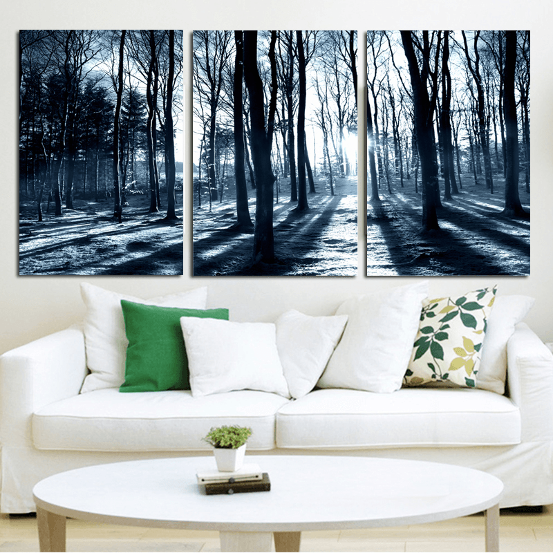 Miico Hand Painted Three Combination Decorative Paintings Woods under the Moonlight Wall Art for Home Decoration - MRSLM