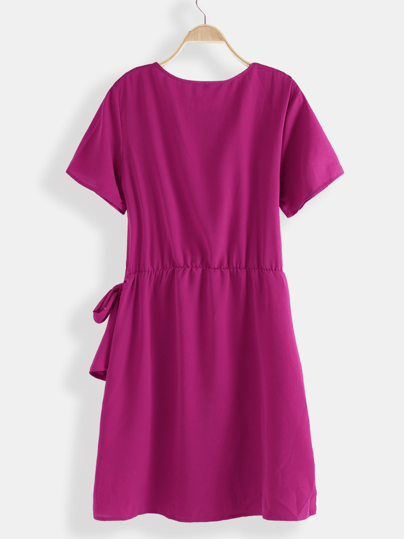 Women Solid Color O-Neck Bandage Short Sleeve Mini Dress - MRSLM