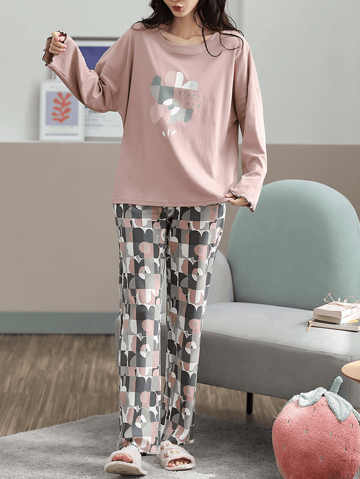 Plus Size Women Floral & Letter Print V-Neck Long Sleeve Home Casual Pajama Set - MRSLM