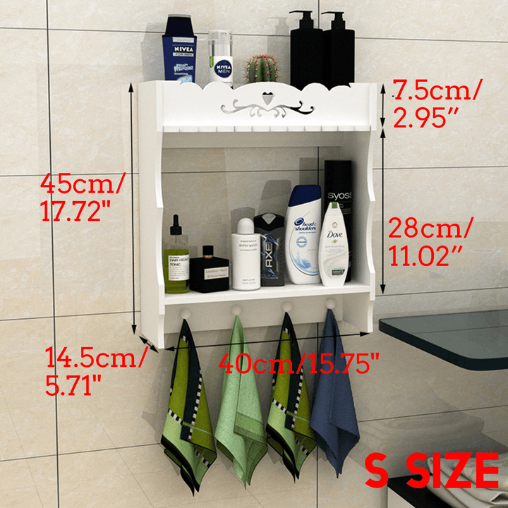 2-Tiers Wall-Mounted Bathroom Shelf Towel Hooks Organizer Home Storage Rack - MRSLM