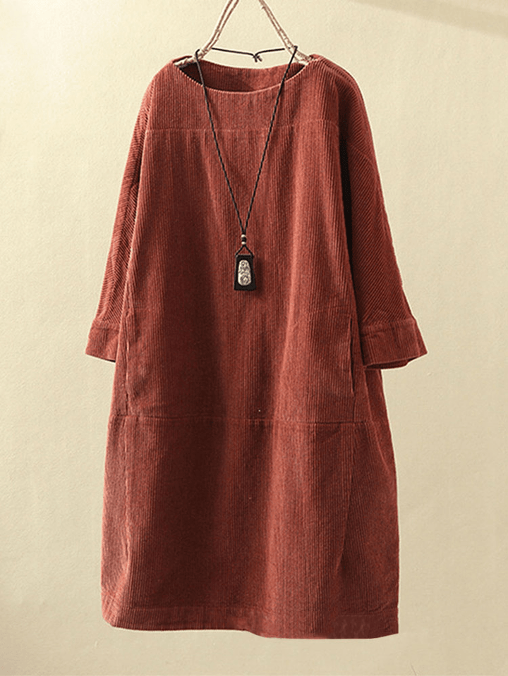 Plus Size Solid Color Corduroy Crew Neck Vintage Loose Fit Dress - MRSLM