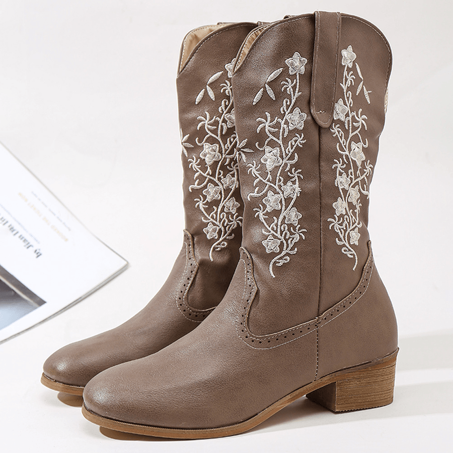Retro Flowers Square Toe Slip on Mid-Calf Block Heel Cowboy Boots for Women - MRSLM