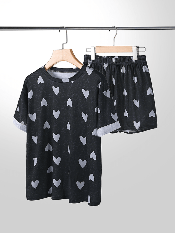 Plus Size Women Heart Print Short Sleeve Elastic Waist Casual Pajamas Sets - MRSLM