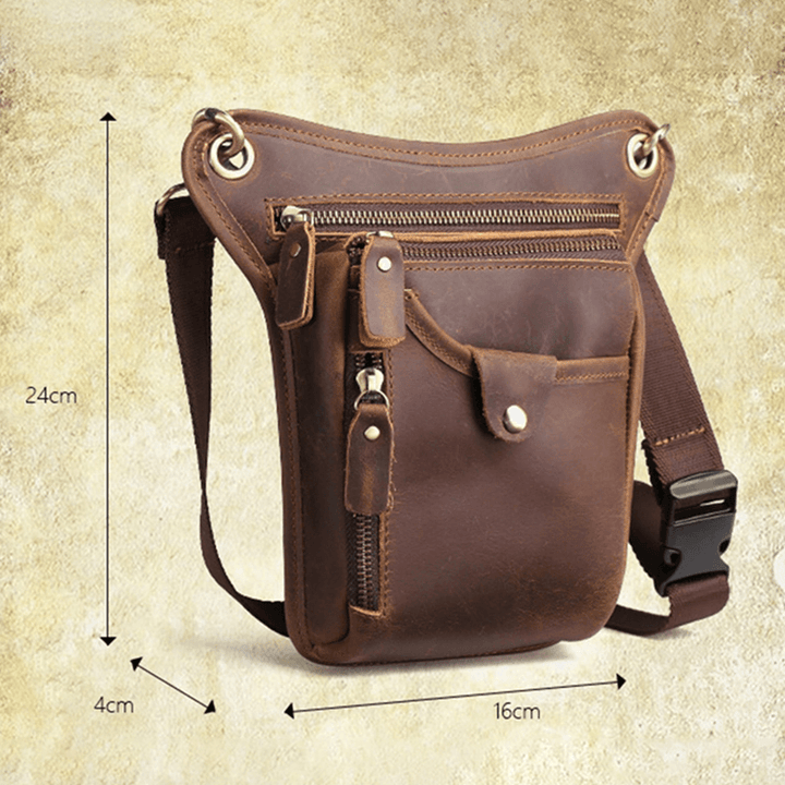 Men Retro Genuine Leather Multi-Pocket Waist Bag Outdoor Sport 6.5 Inch Phone Bag Zipper Crossbody Bags Shoulder Bag - MRSLM