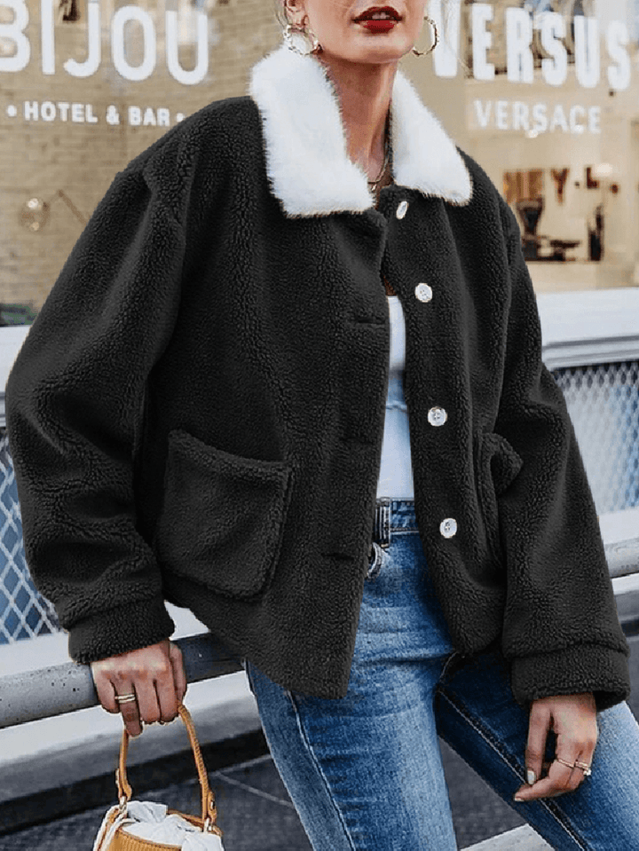 Women Solid Color Plush Borg Collar Warm Coat with Pocket - MRSLM