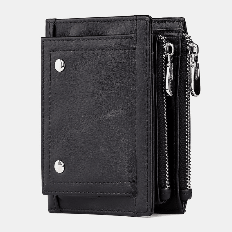 Men Genuine Leather Anti-Magnetic Anti-Theft Double Zipper Retro Business Card Holder Wallet - MRSLM