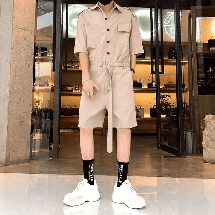 Fashion Men Romper Jumpsuit with Belt Half Sleeve Streetwear - MRSLM