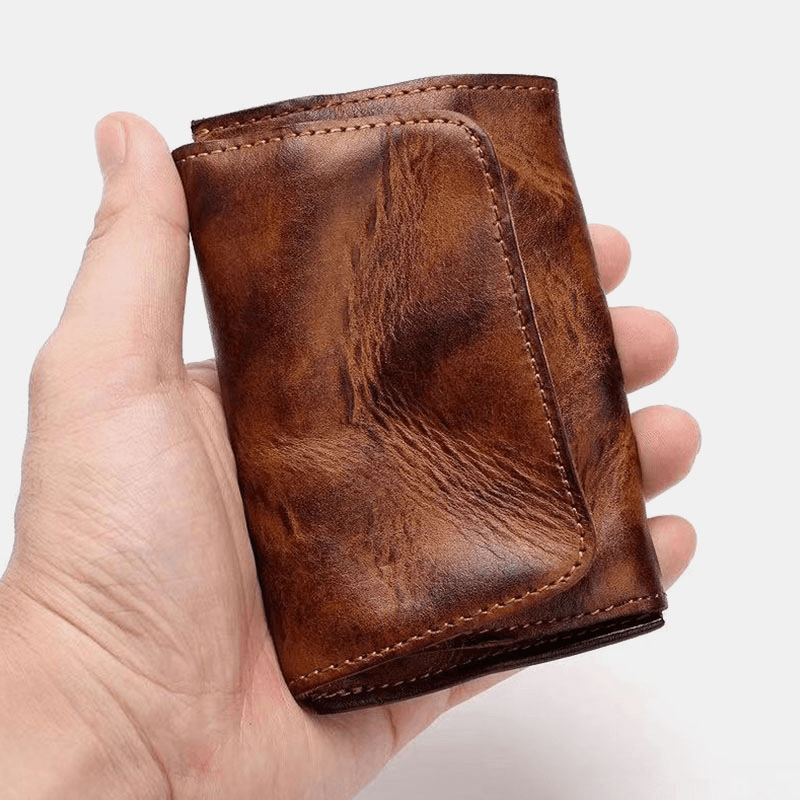 Men Genuine Leather Short Retro Simple Card Holder Coin Purse Money Clip Cowhide Wallet - MRSLM