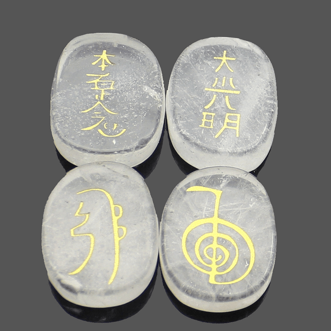 4PCS Engraved Usui Reiki Symbol Healing Energy Sanskrit Palm Crystal Stone Set Stone Decorations - MRSLM