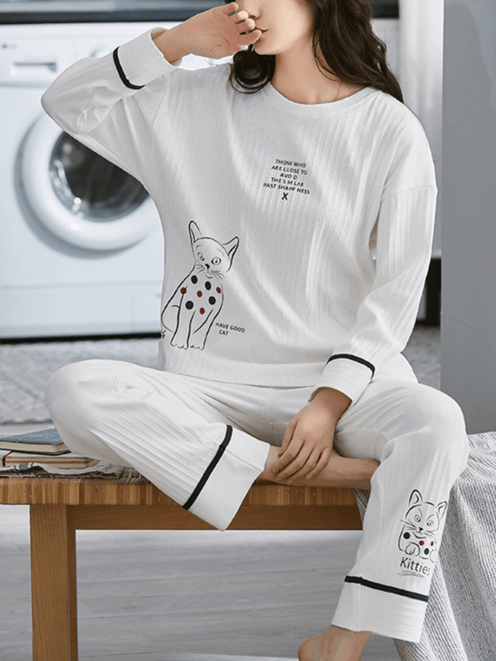 Women Cartoon Animal Print Rib Long Sleeve Elastic Waist Pajama Set with Pocket - MRSLM