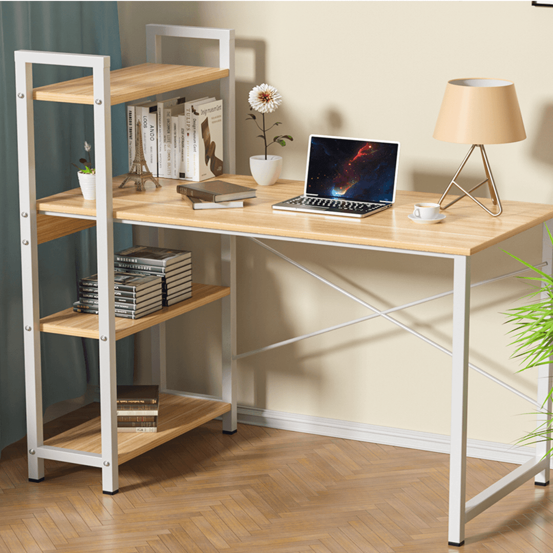 Douxlife® DL-OD05 47.3" Large Desktop H-Shaped Computer Laptop Desk 15Mm E1MDF X-Shaped Sturdy Steel Structure with 4 Tiers Bookshelf Perfect for Home Office - MRSLM