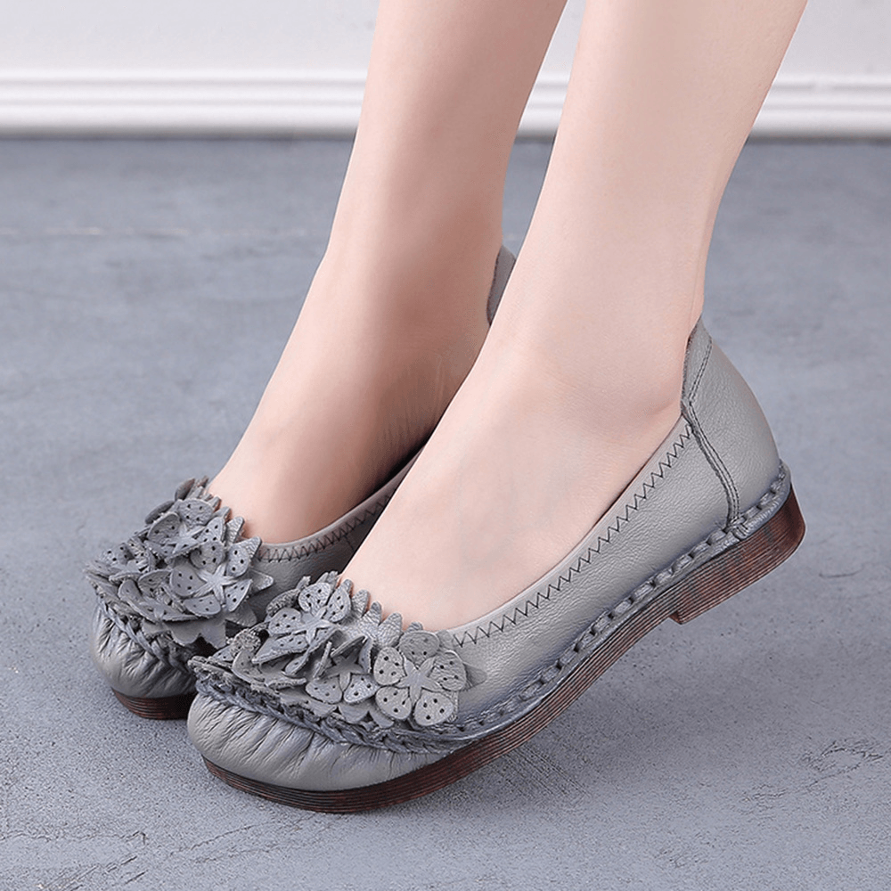 Women'S Solid Color Floral Pleated Soft Flat Driving Shoes - MRSLM