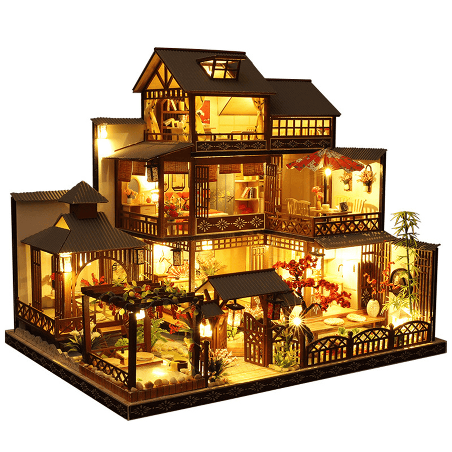 Wooden DIY Japanese Villa Doll House Miniature Kits Handmade Assemble Toy with Furniture LED Light for Gift Collection Home Decor - MRSLM